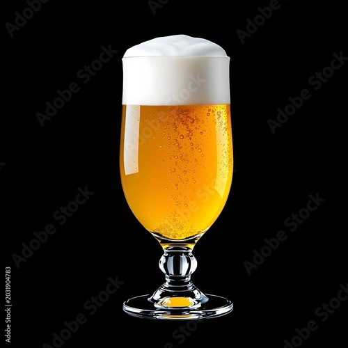 A tall, clear glass filled with a golden-yellow beverage and topped with a frothy white head of foam is centered against a solid black background