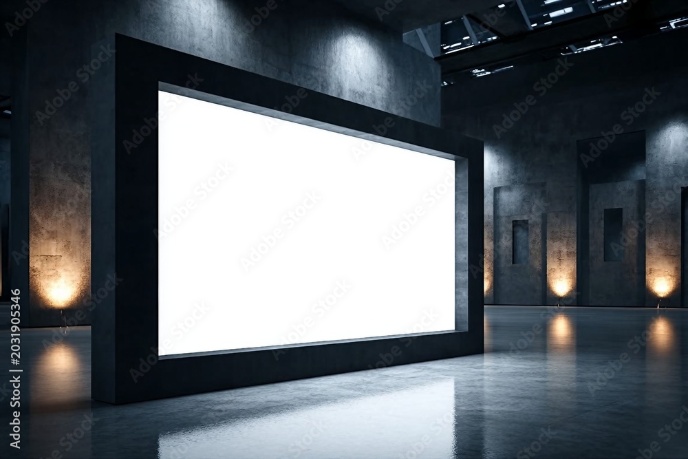 Fototapeta premium Modern exhibition hall interior with empty white poster and reflections on concrete flooring. Mock up, 3D Rendering