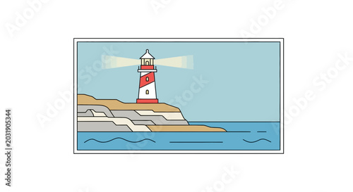 Lighthouse on a cliff overlooking the sea, guiding ships with its light beam.