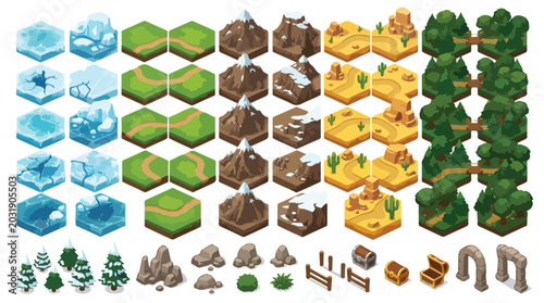 Isometric game map tiles, 50 landscape hex elements for world building, fantasy strategy game assets including mountains, forests, and desert