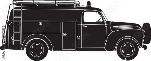 Black and white vector silhouette of an old vintage fire truck utility service van with a roof rack ladder emergency light and spare tire