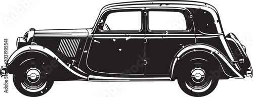 Vintage black and white illustration of a classic antique sedan car from the nineteen thirties presented as a detailed side view vector graphic icon