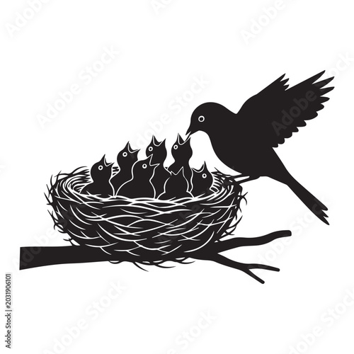 Bild auf Leinwand Black and white vector illustration of a mother bird feeding chicks in a nest on a tree branch, isolated on a white background