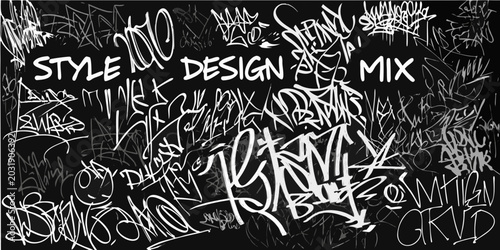 Bild auf Leinwand Graffiti tags and lettering collage black and white street art style