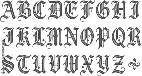 Foto Gothic uppercase abcdefghijklmnopqrstuvwxyz alphabet letters on transparent background, old european medieval font style, vintage decorative elements
