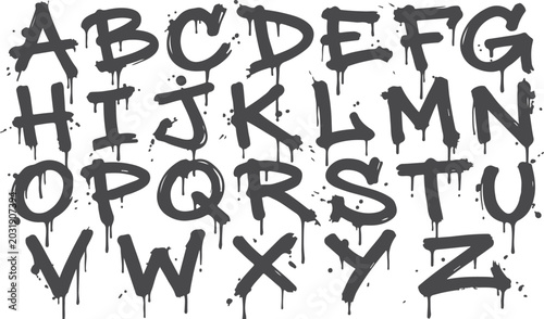 Obraz na plátně Graffiti alphabet letters spray paint dripping style font on transparent checkered background urban street art artistic design