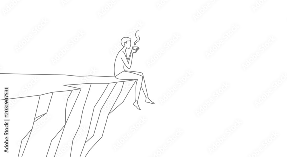 Fototapeta premium Man Sitting on Cliff Edge with Coffee, Contemplating Vast Expanse
