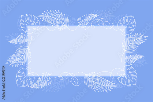 Decorative illustration of delicate white line art of leaves and botanical elements around a soft rectangular frame on a calming blue background, with copy space.