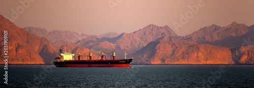 A gorgeous low-light photograph of a cargo ship passing through the congested Strait of Hormuz, with the Iranian shoreline in the distance