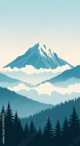Minimalist vector illustration of a snow-capped mountain peak above layers of misty clouds, dense evergreen forest silhouettes, and blue mountain ridges under a pale morning sky.