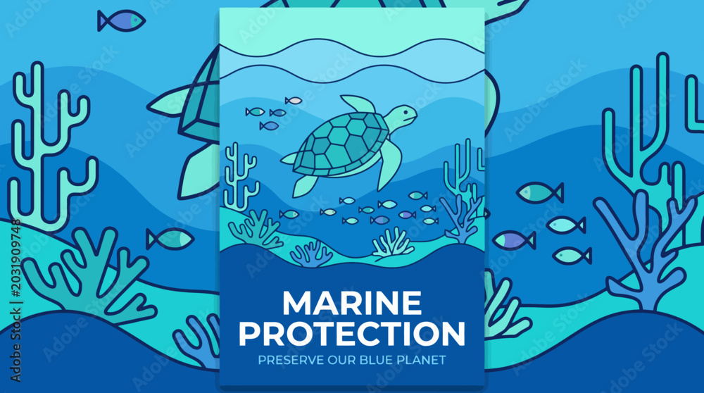 Naklejka premium Vibrant underwater illustration depicting a sea turtle swimming among coral reefs, symbolizing crucial marine conservation efforts for a healthy blue planet