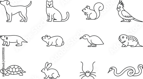 Fotografie Minimal Animal Outline Icon Collection Featuring Domestic and Wild Creatures for