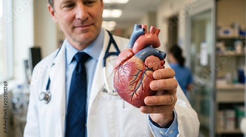 Medical Insight: A doctor in a white coat holds a detailed anatomical model of the human heart, demonstrating medical expertise and a commitment to understanding cardiovascular health.