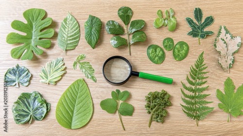 Variety of Green Leaves and Magnifying Glass Displayed on Natural Wooden Surface for Botanical Study and Exploration