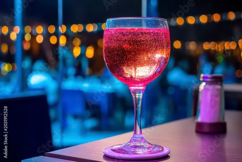Vibrant Sparkling Pink Cocktail Served in Elegant Glass at a Trendy Bar During Nighttime Celebration