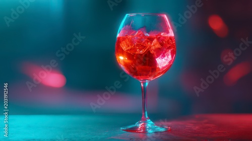 Vibrant Red Cocktail in a Stylish Glass with Ice Cubes Under Neon Glow in a Modern Setting