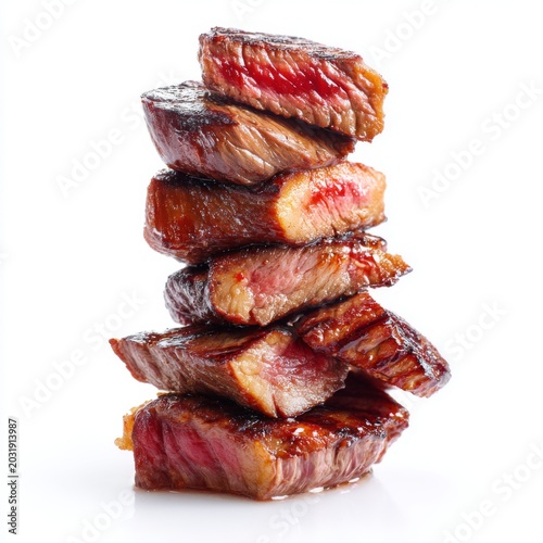 Deliciously Grilled Steak Pieces Stacked on Each Other, Isolated on White Background, Perfect for Culinary and Food Photography