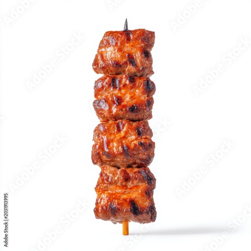 Delicious Grilled Meat Skewers Stacked on a Wooden Stick for Summer Barbecue Feast