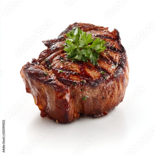 Juicy Grilled Steak with Fresh Herb Garnish on White Background for Culinary and Food Photography