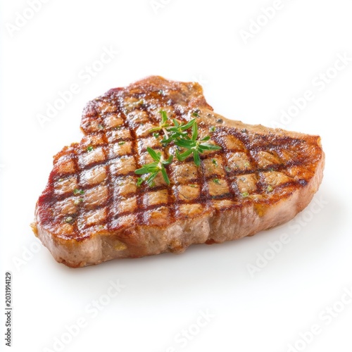 Grilled Steak Slice with Perfect Char Marks, Displaying Juicy Texture and Garnish of Fresh Thyme on White Background
