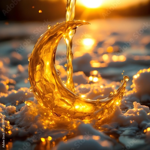 Close-up of gold liquid pouring into the shape of a crescent moon