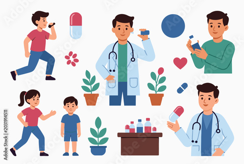 Set of healthcare-related illustrations features doctors, children, medicine bottles, and healthy lifestyle activities.