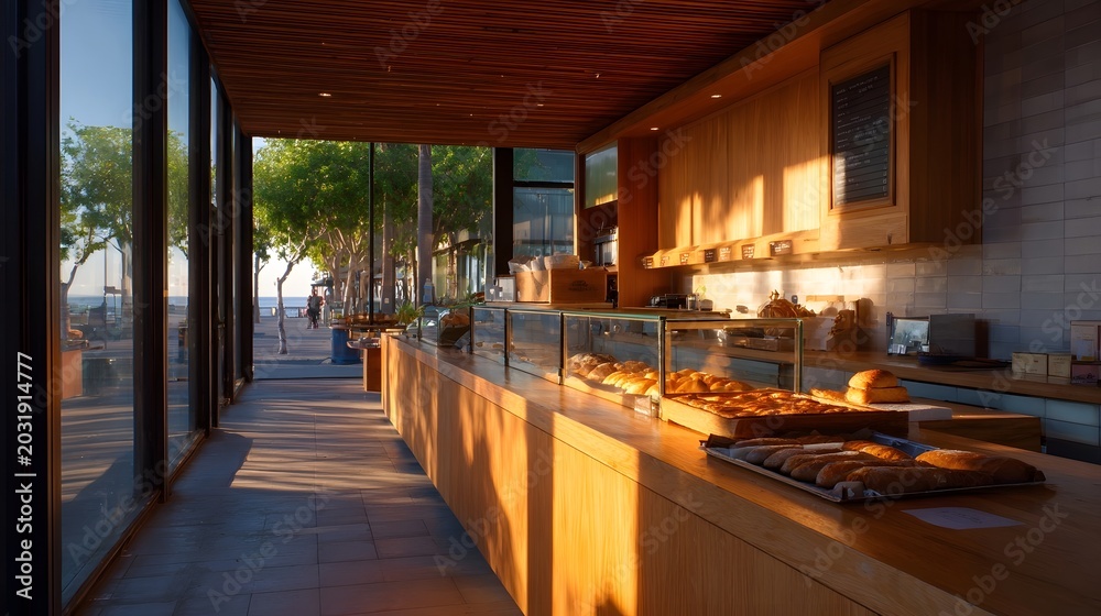 Fototapeta premium Warm sunlight streams through a wooden framed opening illuminating a rustic outdoor architectural setting
