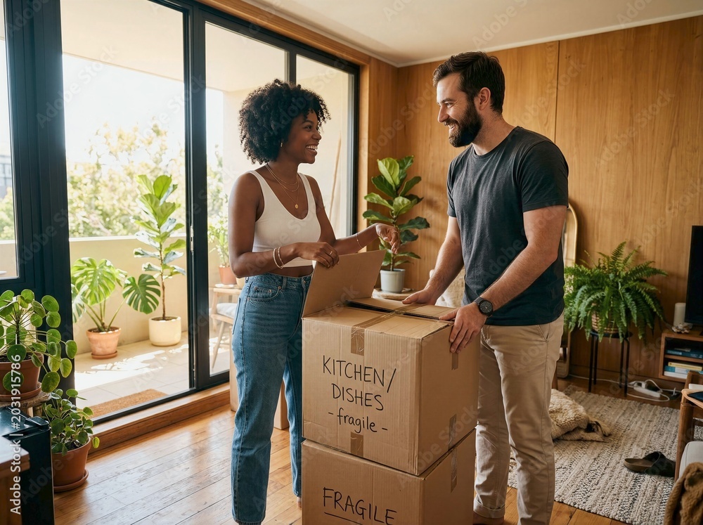 Naklejka premium Couple unpacking moving boxes inside modern wooden apartment with large glass doors