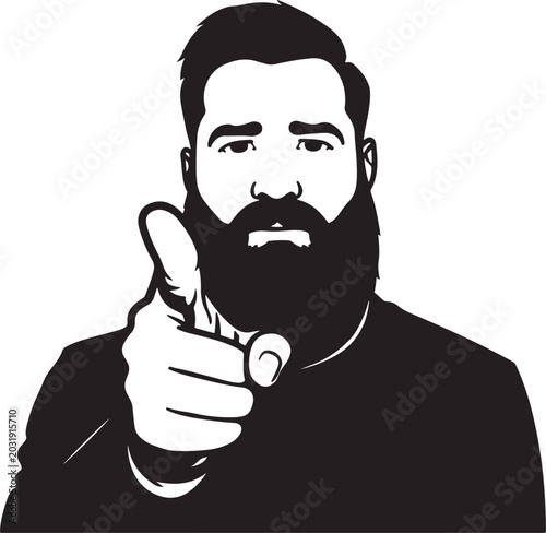 Bearded man pointing finger at the camera, hipster guy looking forward making a choice gesture, black and white vector silhouette