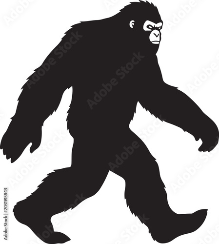Bigfoot sasquatch walking silhouette, classic cryptid monster ape man vector illustration, black and white graphic isolated
