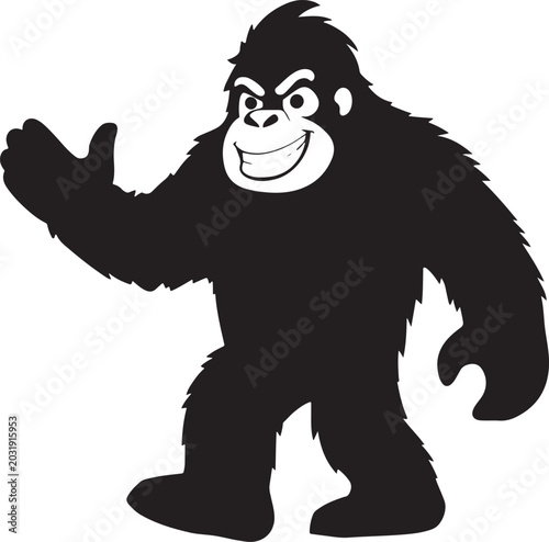 Cute friendly cartoon bigfoot sasquatch waving hand, happy yeti creature mascot illustration, black and white vector silhouette