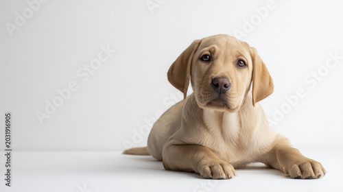 Cute labrador puppy lying on white background looking at the camera with curiosity 