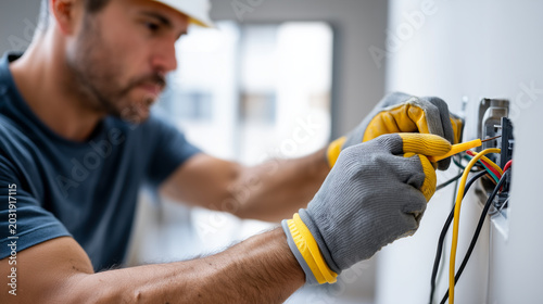 electrician installing electrical outlet, Expert performs maintenance work, Specialist handles electrical parts, Work area stays organized, Using hand tools, Gloves protect hands,