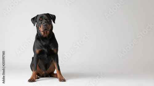 Rottweiler dog sitting on a plain background while looking directly at the camera