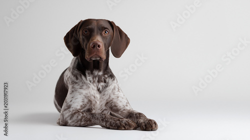 German Shorthaired Pointer Dog resting on a plain background looking directly at the camera