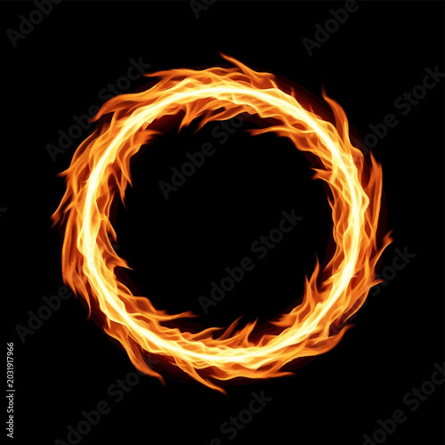 Realistic circular ring of fire with intense orange and yellow flames against a solid black background, featuring glowing embers and dynamic fire tongues in a portal shape.
