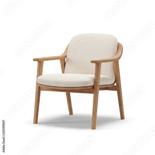 Elegant Wooden Armchair with Cream Upholstery on White Background.