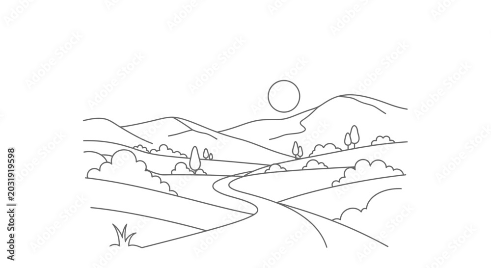 Fototapeta premium Scenic Countryside Road Winding Through Rolling Hills Under a Bright Sun