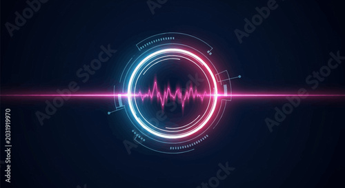 Futuristic circular HUD user interface with neon cyan and pink glowing elements, featuring a central digital soundwave frequency graph and horizontal light beam on dark background.