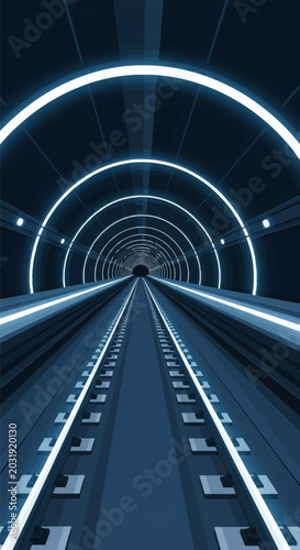 Digital illustration of a futuristic underground train tunnel featuring symmetrical circular blue neon lights and glowing rail tracks leading towards a central vanishing point.