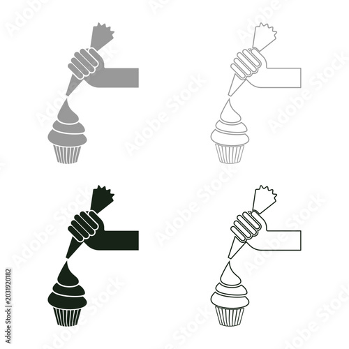 Piping cream onto pastry from pastry bag in hand set icon grey black color vector illustration image solid fill outline contour line thin flat style