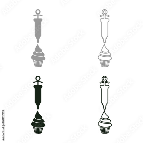 Foto Confectionery syringe icing pastry cupcake pastry with cream set icon grey black