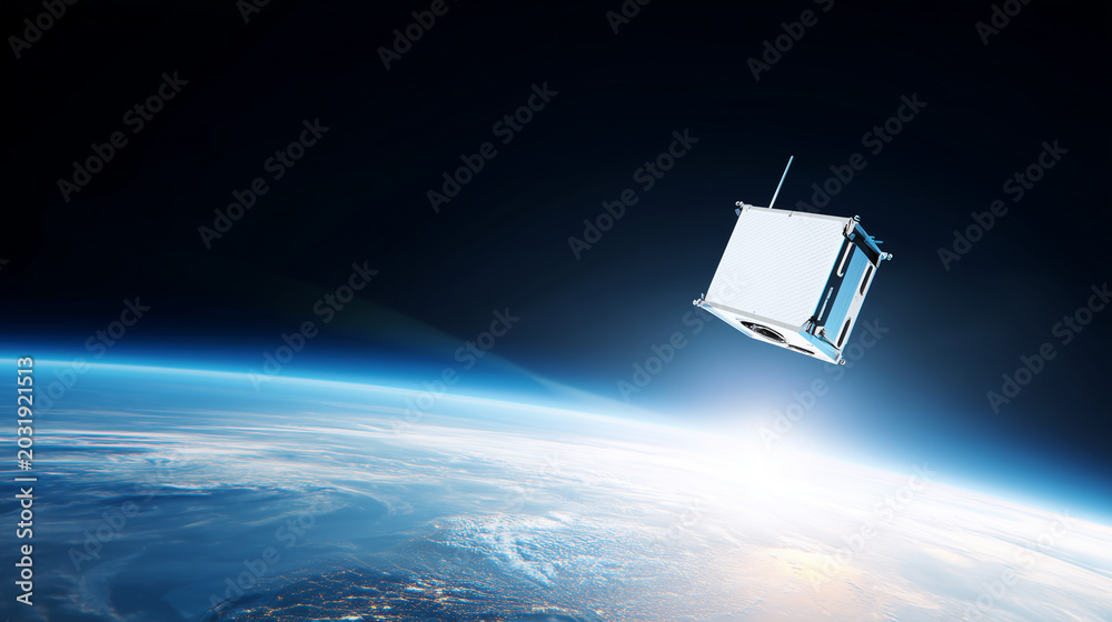 Obraz premium White nano satellite flying above curved Earth horizon in deep space, futuristic orbital communication, climate monitoring, remote sensing and modern aerospace innovation concept n