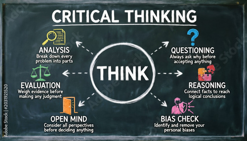 Critical thinking mind map on chalkboard, analysis and reasoning skills diagram, educational logic and problem solving concept illustration