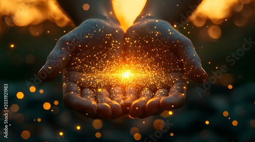 Golden spark particles glowing softly inside cupped human hands image