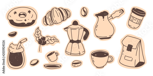 Set of hand drawn coffee stickers. Coffee beans, a cup of coffee, a croissant, and a coffee maker in the style of pencil drawing, chalk drawing, and ink drawing. Vector illustration