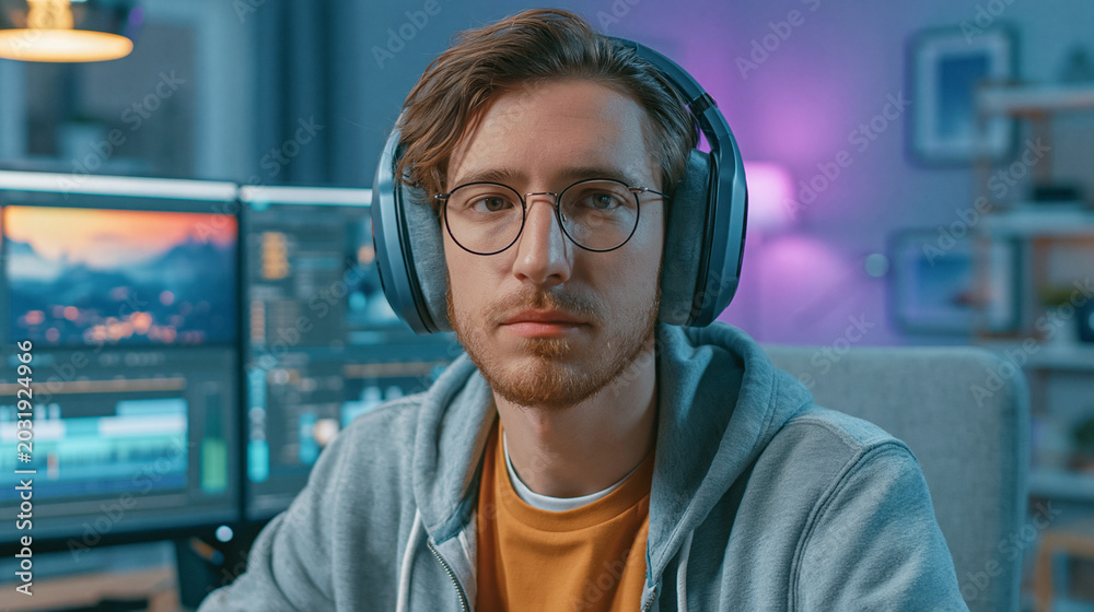 Fototapeta premium Serious young man wearing headphones and glasses sitting in front of a computer with multiple screens displaying editing software with cityscape background