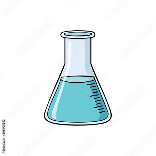 Clear laboratory flask with blue liquid and measurement markings illustration