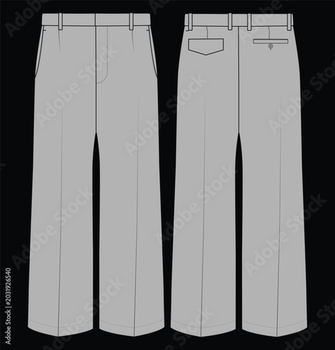 Men’s Formal Trouser Technical Flat Sketch Vector Template Front and Back View