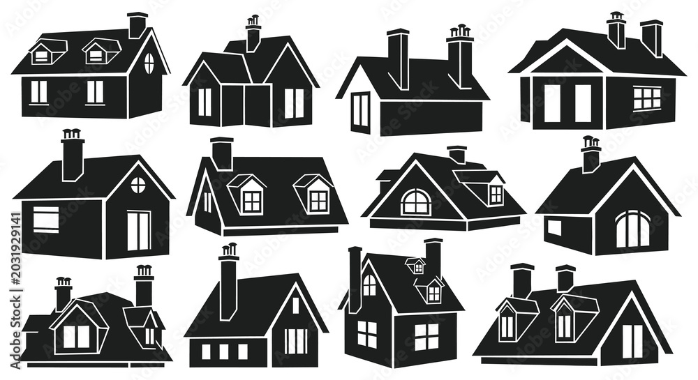 Fototapeta premium Black House Silhouettes Collection On White Background